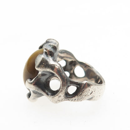 925 Sterling Silver Vintage Real Tiger Eye Modernist Oxidized Ring Size 3