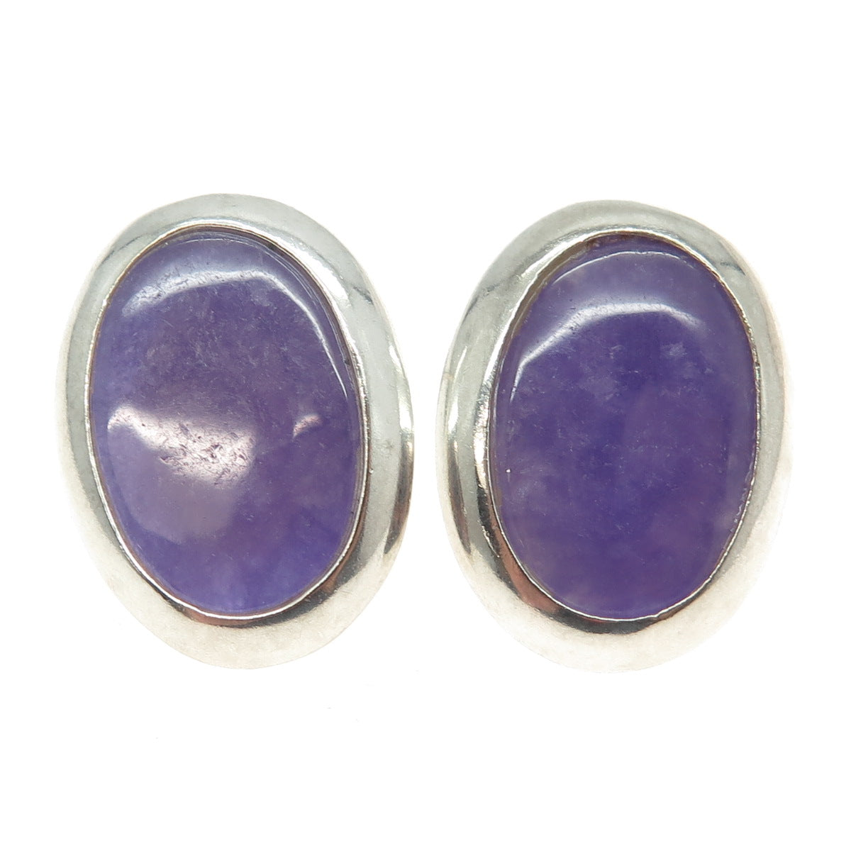 925 Sterling Silver Vintage Real Lavender Jade Gemstone Oval Earrings