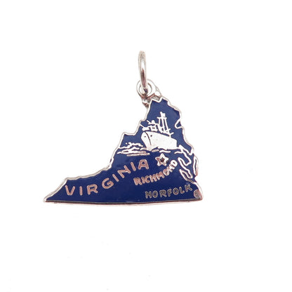 925 Sterling Silver Vintage Enamel Virginia State Map Mini Charm Pendant