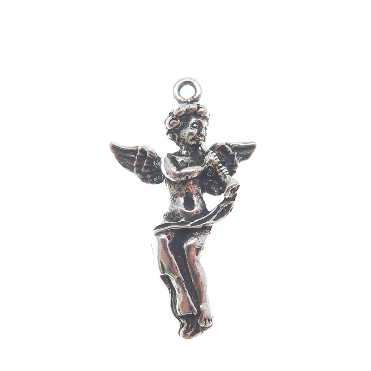 925 Sterling Silver Vintage Angel Playing Trumpet Oxidized Mini Charm Pendant