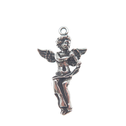 925 Sterling Silver Vintage Angel Playing Trumpet Oxidized Mini Charm Pendant