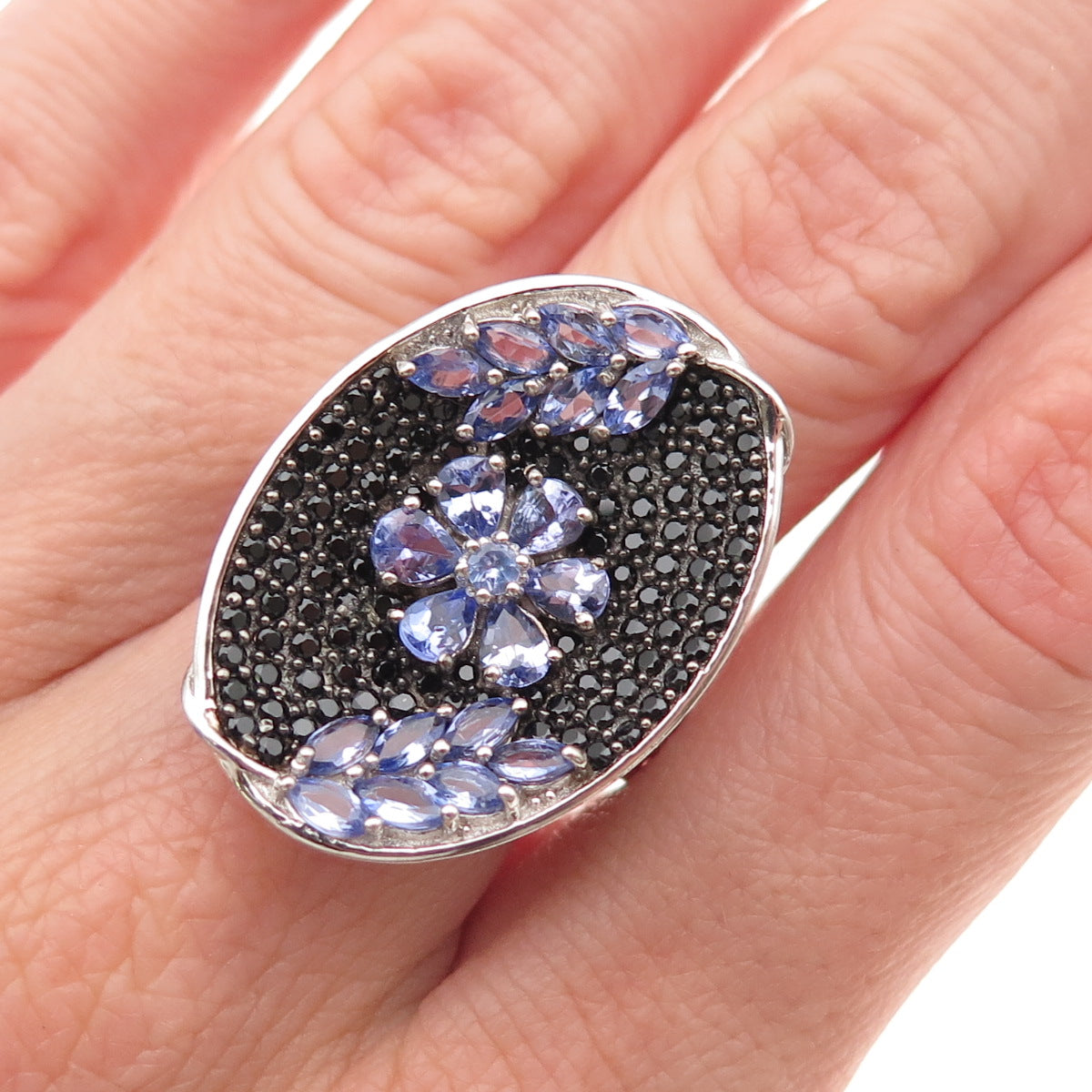 Chuck Clemency 925 Sterling Real Tanzanite & Black Spinel Floral Ring Size 8.25