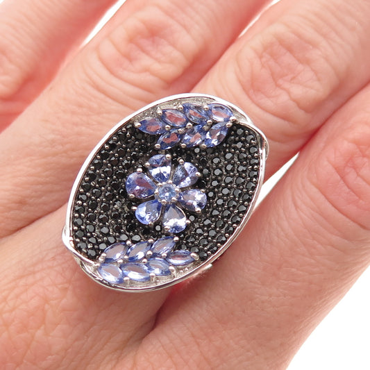 Chuck Clemency 925 Sterling Real Tanzanite & Black Spinel Floral Ring Size 8.25