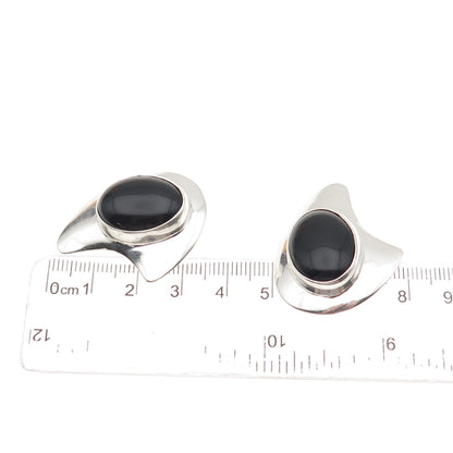 925 Sterling Silver Vintage Real Black Onyx Modernist Clip On Earrings