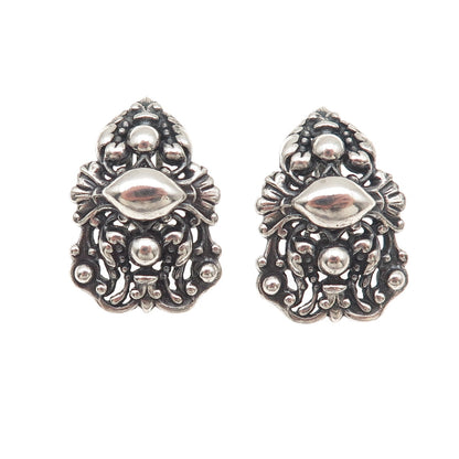 925 Sterling Silver Antique Art Deco Floral Oxidized Clip On Earrings