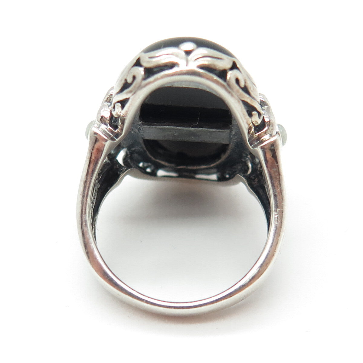 SX SALLY C 925 Sterling Silver Vintage Real Black Onyx & MOP Clover Ring Size 8