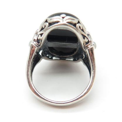 SX SALLY C 925 Sterling Silver Vintage Real Black Onyx & MOP Clover Ring Size 8
