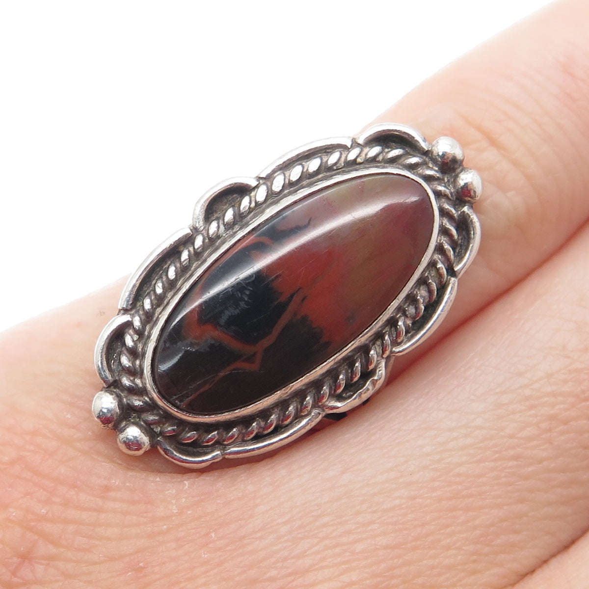 Old Pawn 925 Sterling Vintage Southwestern Real Agate Roped Oxidized Ring Size 5