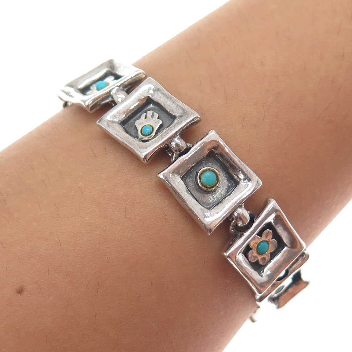 LIOR 925 Sterling Silver Vintage Real Turquoise Hamsa & Flower Bracelet 7.25"