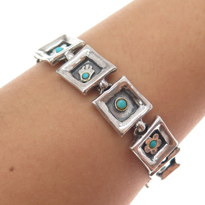 LIOR 925 Sterling Silver Vintage Real Turquoise Hamsa & Flower Bracelet 7.25"