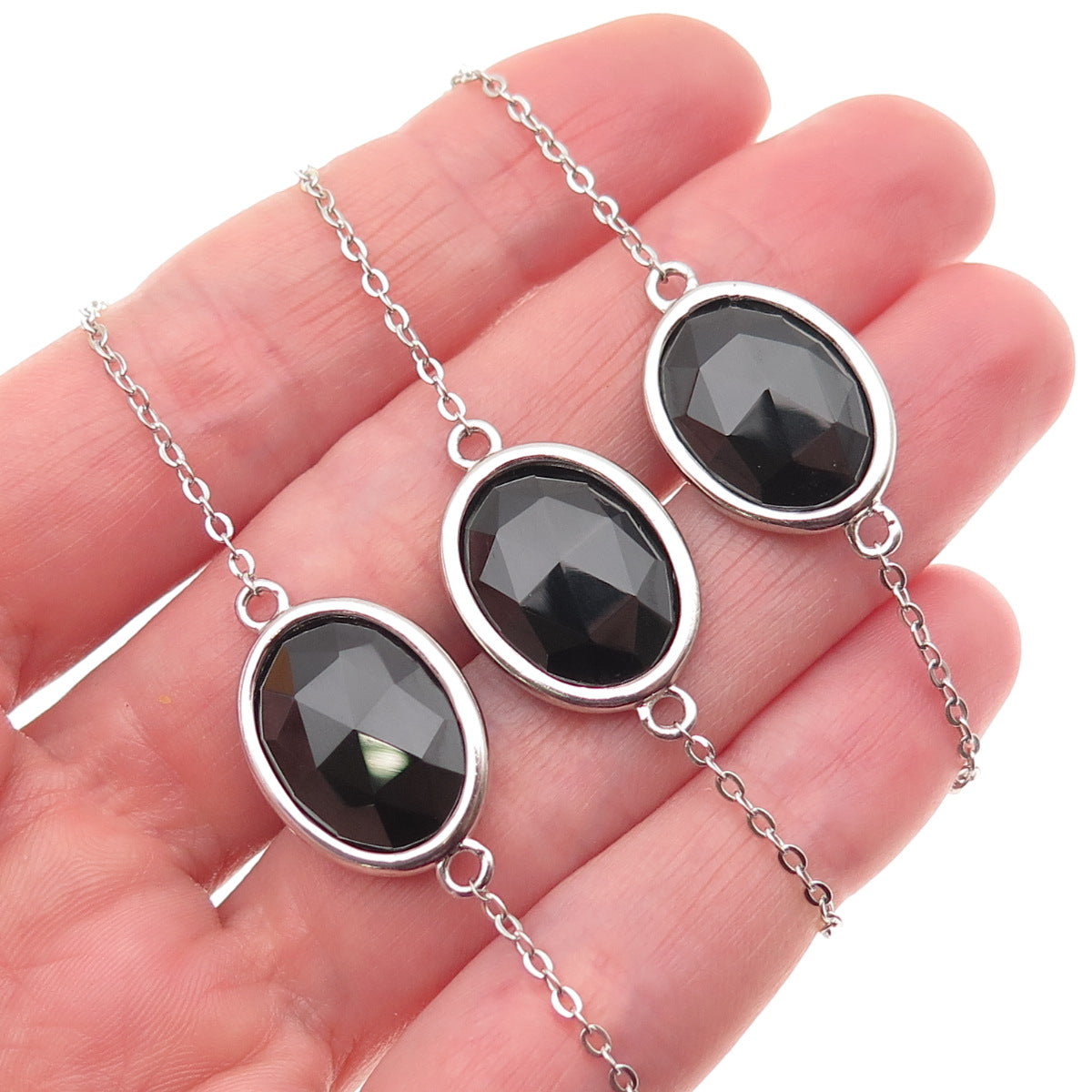 925 Sterling Silver Real Oval-Cut Black Spinel By The Yard Chain Necklace 20"