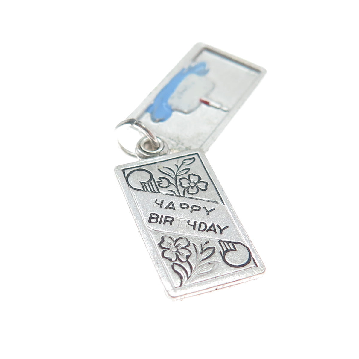 WELLS 925 Sterling Silver Antique Enamel "Happy Birthday" Floral Cake Pendant