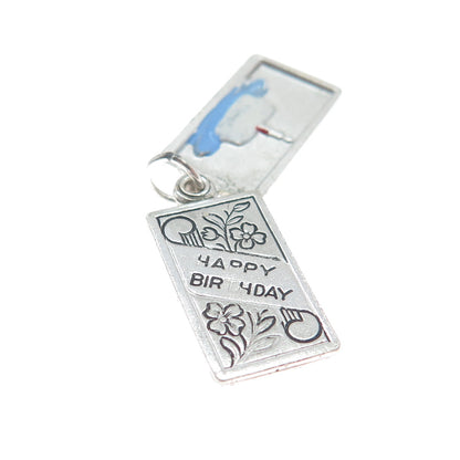 WELLS 925 Sterling Silver Antique Enamel "Happy Birthday" Floral Cake Pendant