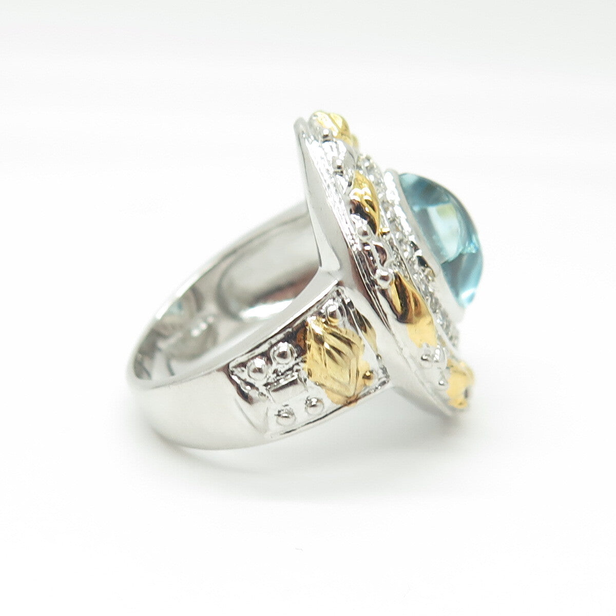 925 Sterling Silver 2-Tone Blue Glass & C Z Statement Ring Size 7