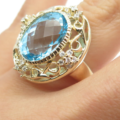 925 Sterling Silver Gold Plated Real Blue Topaz & C Z Swirl Ring Size 6.25