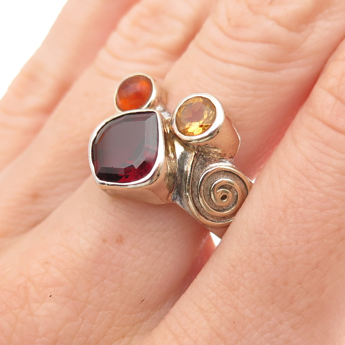Michou Sterling Silver Vintage Real Amber Citrine & Garnet Modernist Ring Size 9