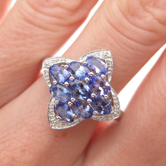 925 Sterling Silver Real Oval-Cut Tanzanite Round-Cut White Topaz Ring Size 8.25