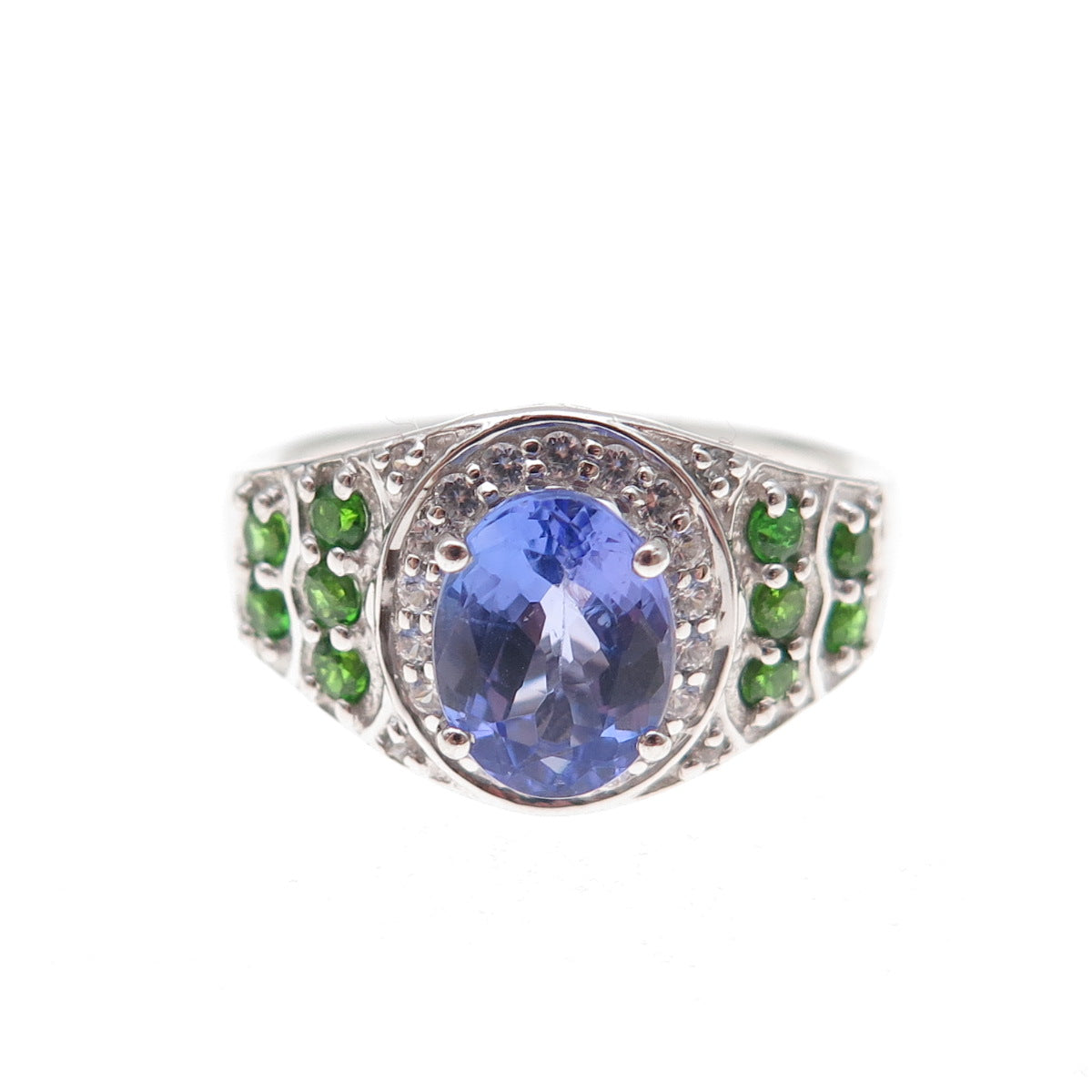 925 Sterling Silver Real Tanzanite Peridot & White Topaz Ring Size 8
