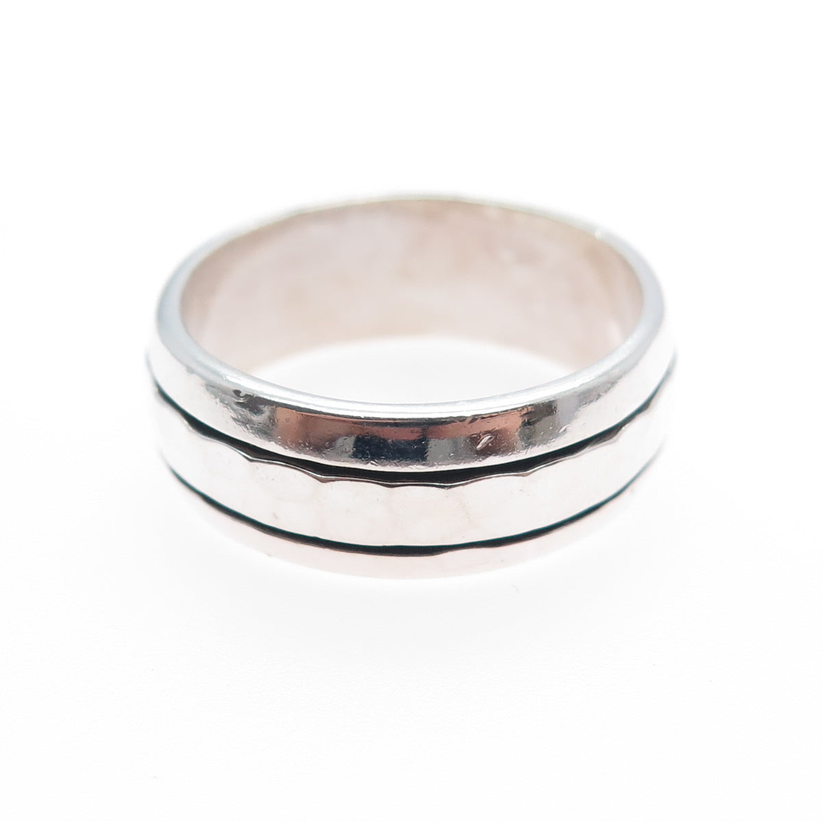 925 Sterling Silver Vintage Modernist Hammered Rotating Band Ring Size 9.25