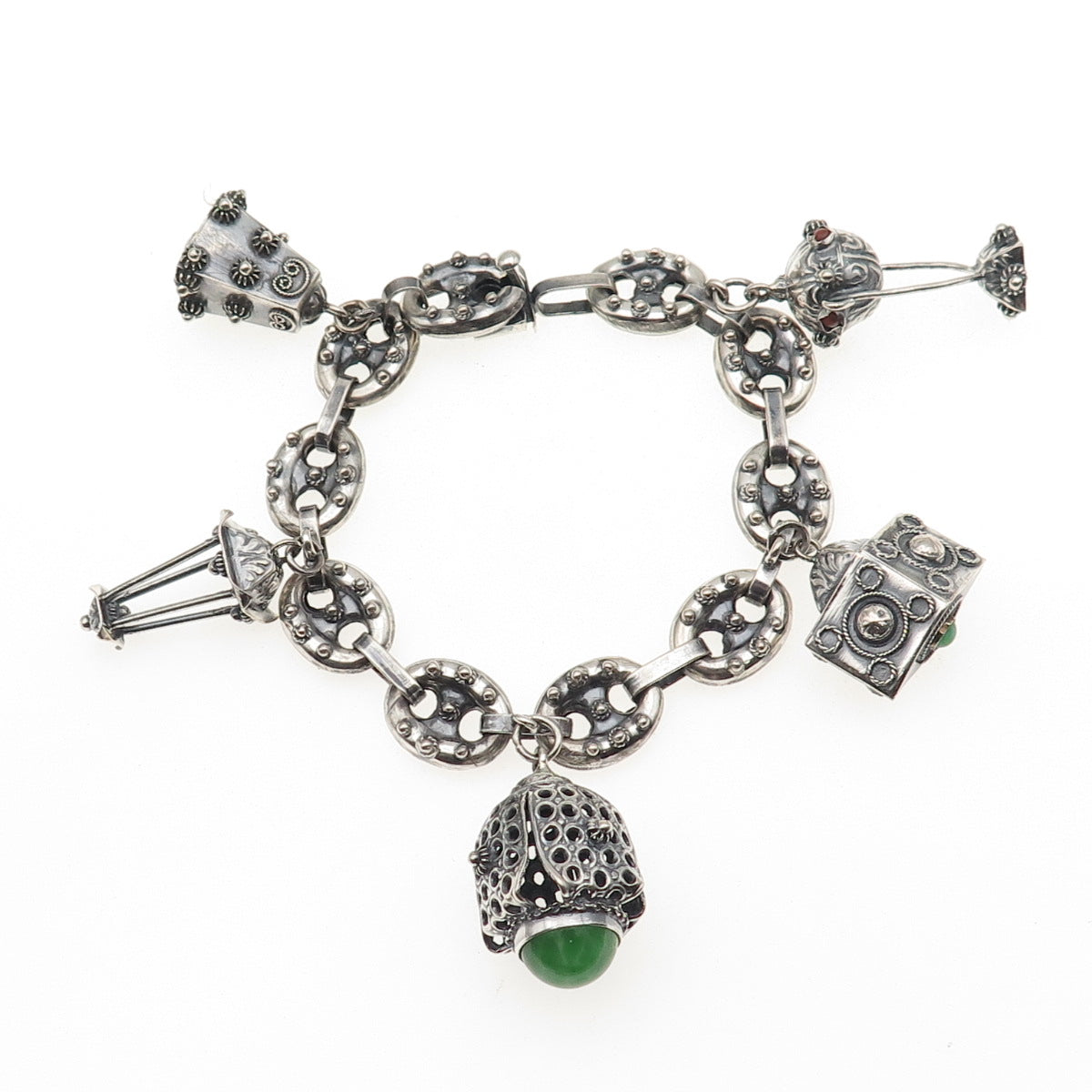 800 Silver Antique Art Deco Italian Etruscan Revival Charm Bracelet 7.25"