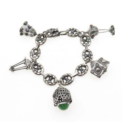 800 Silver Antique Art Deco Italian Etruscan Revival Charm Bracelet 7.25"