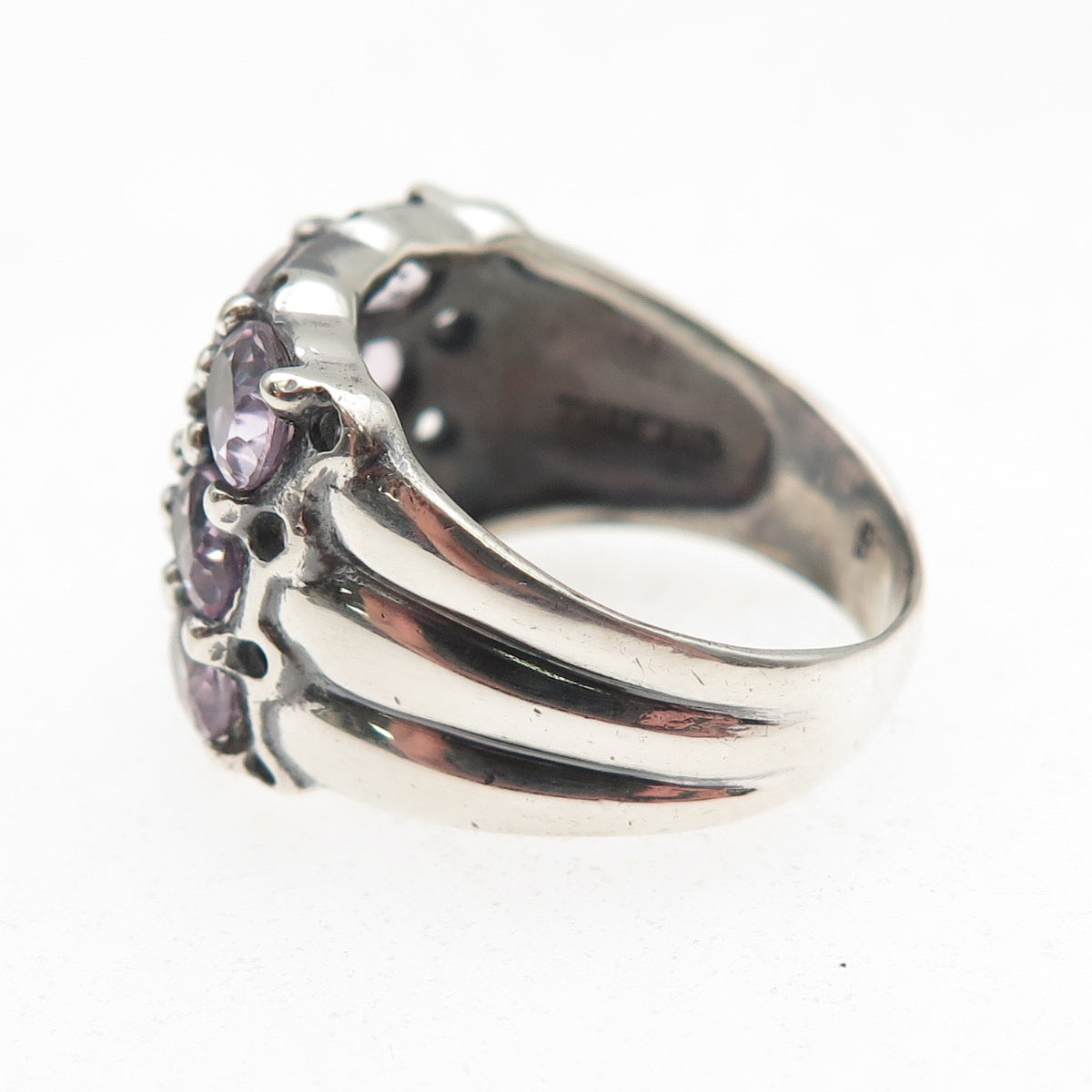 925 Sterling Silver Vintage Real Oval-Cut Amethyst Cluster Oxidized Ring Size 7