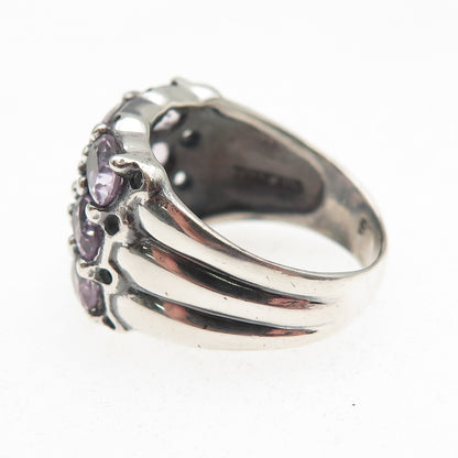 925 Sterling Silver Vintage Real Oval-Cut Amethyst Cluster Oxidized Ring Size 7