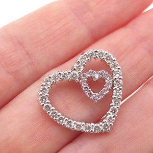 925 Sterling Silver Round-Cut White & Pink C Z Heart Mini Slide Charm Pendant