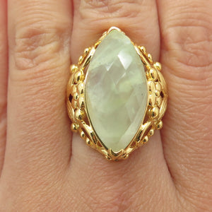 925 Sterling Silver Gold Plated Real Marquise-Cut Prehnite Floral Ring Size 7.5