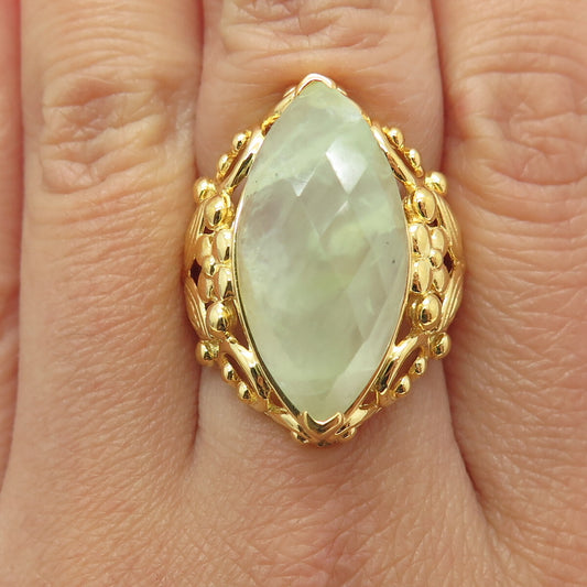 925 Sterling Silver Gold Plated Real Marquise-Cut Prehnite Floral Ring Size 7.5