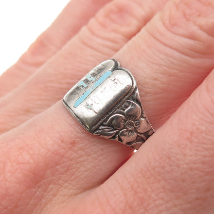 925 Sterling Silver Antique Art Deco Enamel Torah Judaica Oxidized Ring Size 8.5