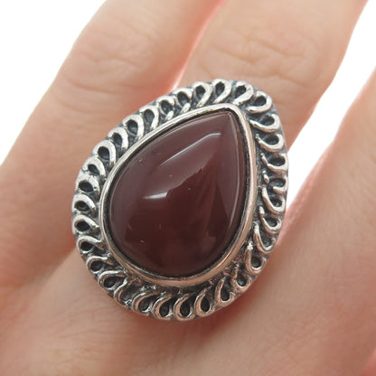 925 Sterling Silver Vintage Real Pear-Cut Carnelian Oxidized Ring Size 8.75