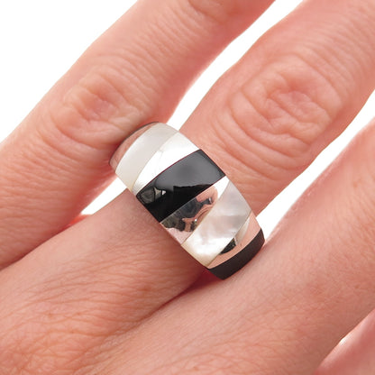 CNA Pranda 925 Sterling Silver Vintage Real Black Onyx & MOP Mosaic Ring Size 6