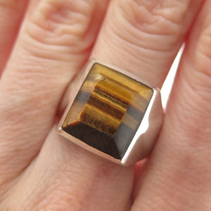 925 Sterling Silver Vintage Mexico Real Tiger Eye Modernist Ring Size 8.75