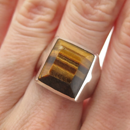 925 Sterling Silver Vintage Mexico Real Tiger Eye Modernist Ring Size 8.75