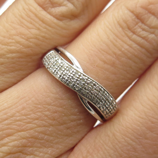 925 Sterling Silver Real Round-Cut Diamond Wavy Interlocked Ring Size 6.75