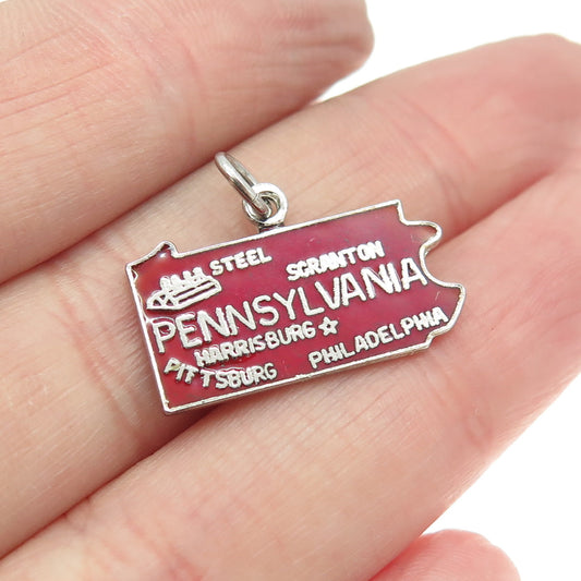 925 Sterling Silver Vintage Red Enamel "Pennsylvania" State Map Pendant