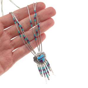 Quoc Turquoise Old Pawn 925 Sterling Vintage Sugilite Heart Chain Necklace 24"