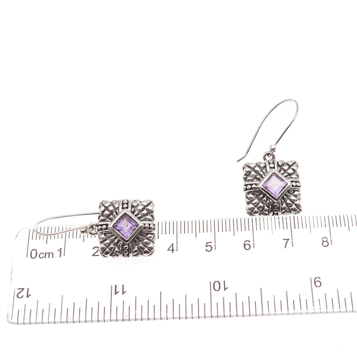 925 Sterling Silver Vintage Real Amethyst Oxidized Dangle Earrings