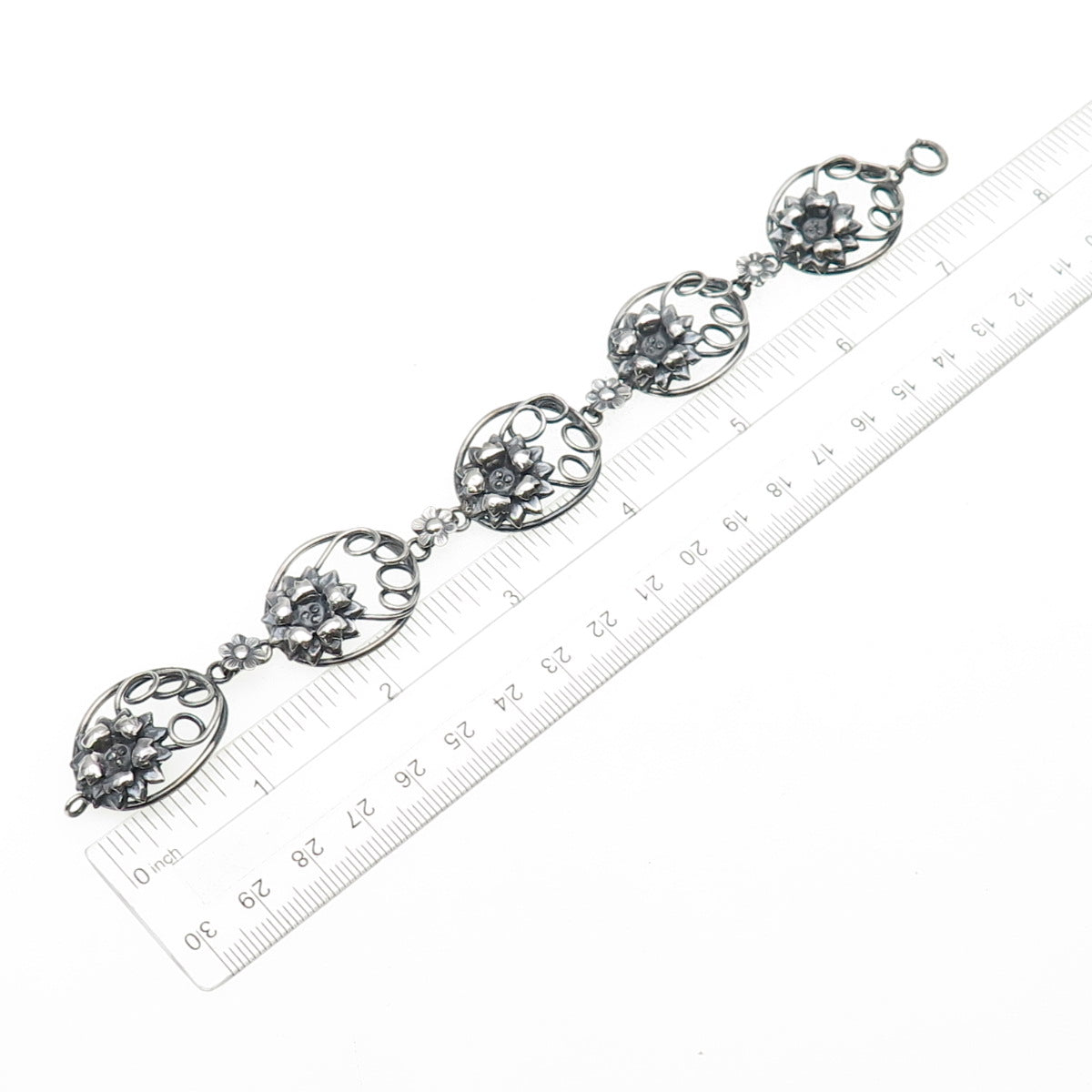 925 Sterling Silver Antique Art Deco Flower Oxidized Panel Link Bracelet 7.5"
