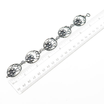 925 Sterling Silver Antique Art Deco Flower Oxidized Panel Link Bracelet 7.5"
