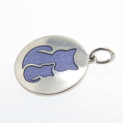 925 Sterling Silver Purple Enamel Cat Couple Round Tag Minimalist Charm Pendant