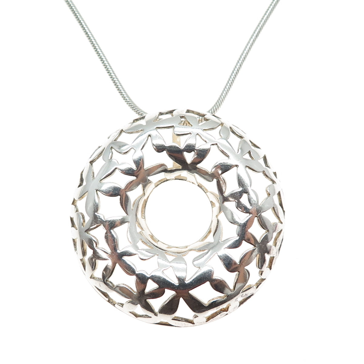 925 Sterling Silver Vintage Italy Floral Circle Pendant Snake Chain Necklace 18"