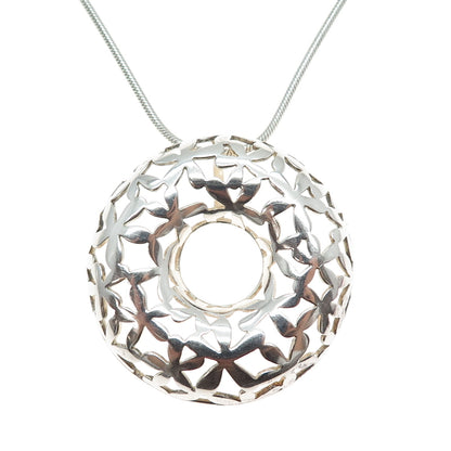 925 Sterling Silver Vintage Italy Floral Circle Pendant Snake Chain Necklace 18"