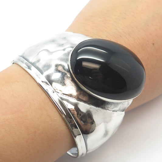 925 Sterling Silver Vintage Louis Booth Black Onyx Gem Adjustable Bracelet 6.75"