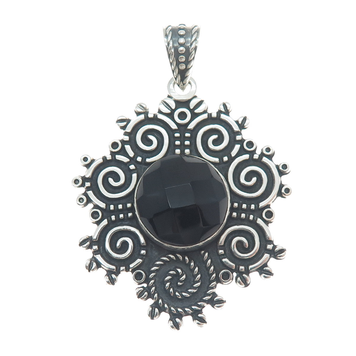 925 Sterling Silver Vintage Mexico Real Black Spinel Spiral Oxidized Pendant
