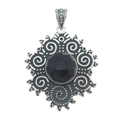 925 Sterling Silver Vintage Mexico Real Black Spinel Spiral Oxidized Pendant