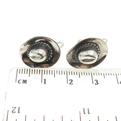 925 Sterling Silver Antique Art Deco Cowboy Hat Oxidized Screw Back Earrings