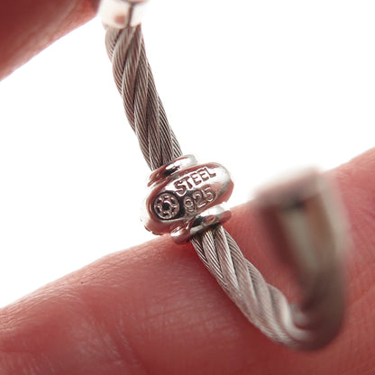 925 Sterling Silver & Steel Real Round-Cut Diamond Hoop Earrings