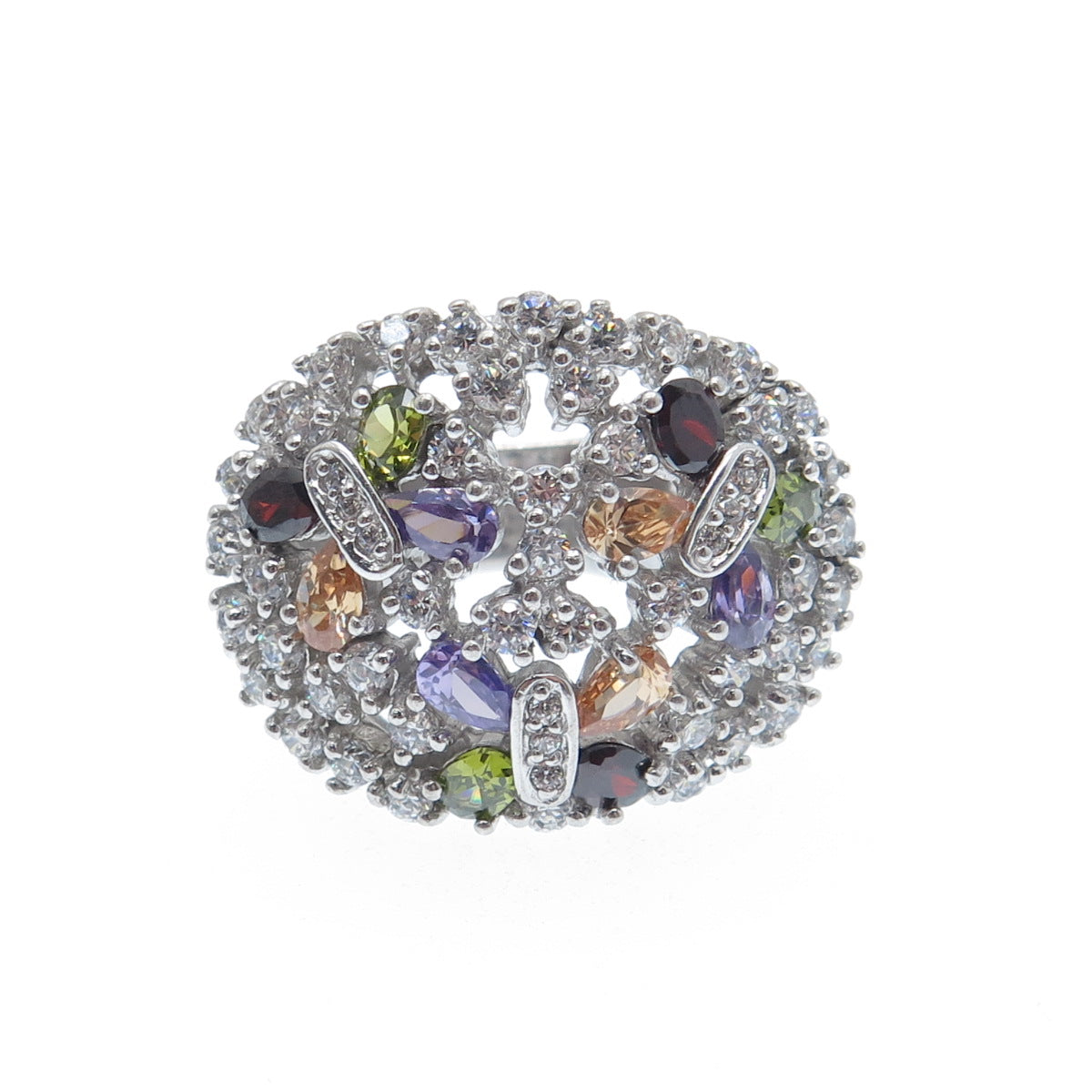 925 Sterling Silver Multi-Color C Z Cluster Dome Ring Size 6